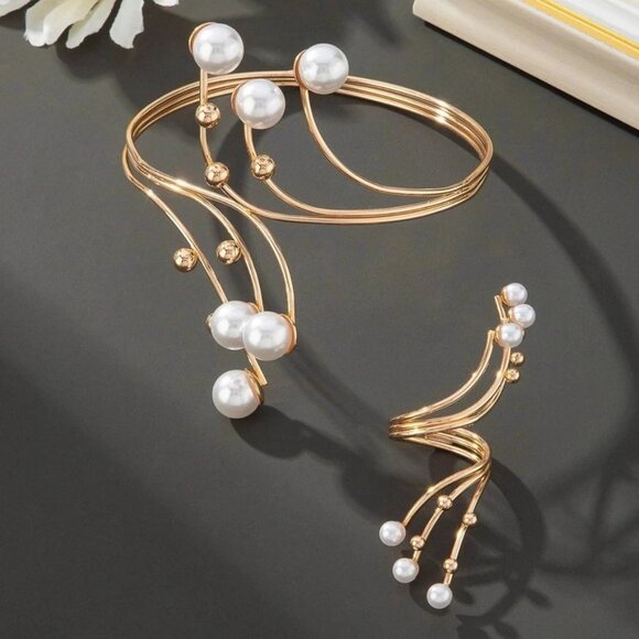 Classic 2 Pcs/Set Gold Plated Tiered Line Pearl Ring Statement Bangle Bracelet - Picture 4 of 4
